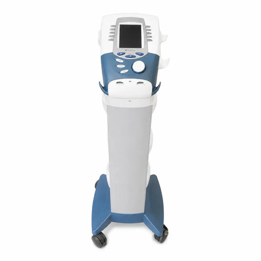 Blue and white chattanooga vectra genisys 2761 therapy system with ultrasound applicator touchscreen and wheels
