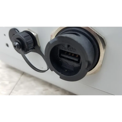 Black usb port with protective cap and locking mechanism on the back of chemdaq steri-trac 2 fixed gas monitor panel