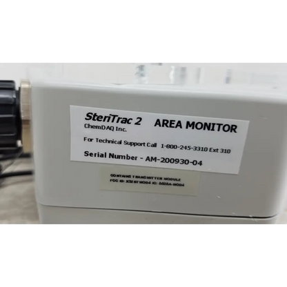 White rectangular chemdaq steri-trac 2 peracetic acid monitor with acrylic stand and cable for safety monitoring