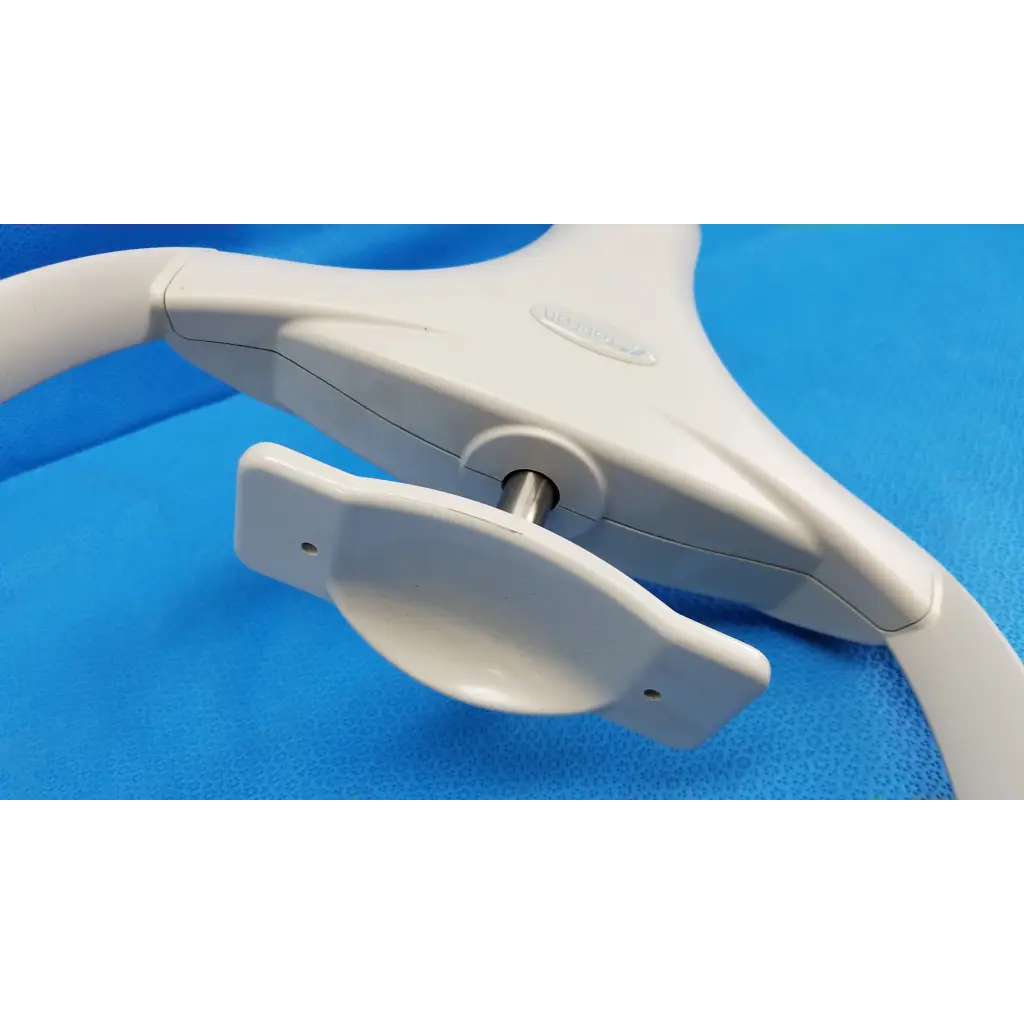White plastic chin rest assembly with central pivot and adjustable arm for topcon trc-nw8 retinal camera
