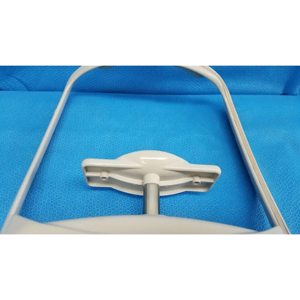 White plastic chin rest assembly frame with central metallic rod and adjustable clamp for Topcon TRC-NW8 retinal camera