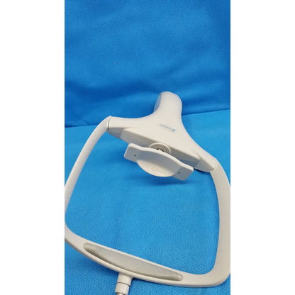 White plastic dental handpiece with curved handle and adjustable head shown with chin rest assembly frame for topcon trc-nw8 retinal camera