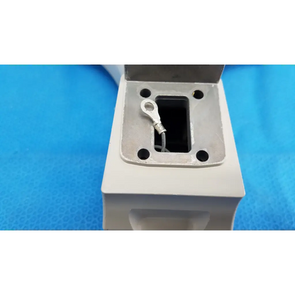 White rectangular metal chin rest assembly frame with square opening and wire terminal for topcon trc-nw8 retinal camera