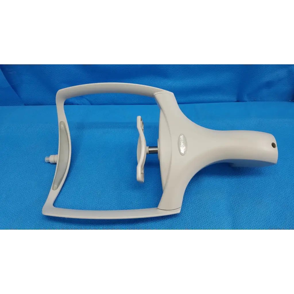 White plastic dental handpiece with curved handle and adjustable head for chin rest assembly frame on topcon trc-nw8 retinal camera