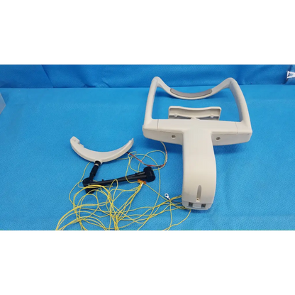 White plastic laryngoscope handle with curved blade and yellow wiring for trc-nw6s forehead rest assembly frame