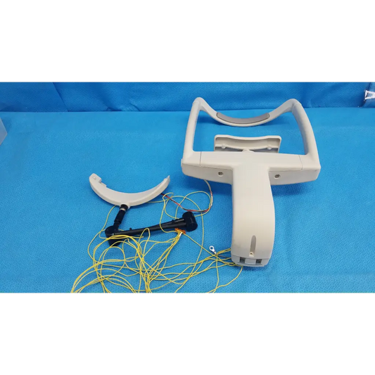 White plastic laryngoscope handle with curved blade and yellow wiring for trc-nw6s forehead rest assembly frame