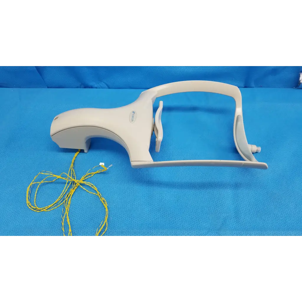 White plastic chinrest forehead rest assembly frame with adjustable arm and yellow cables for trc-nw6s retinal camera
