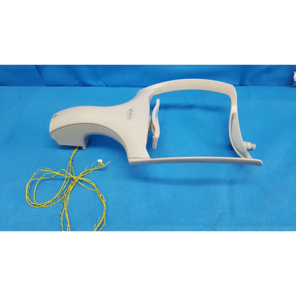 White plastic chinrest forehead rest assembly frame with adjustable arm and yellow cables for trc-nw6s retinal camera