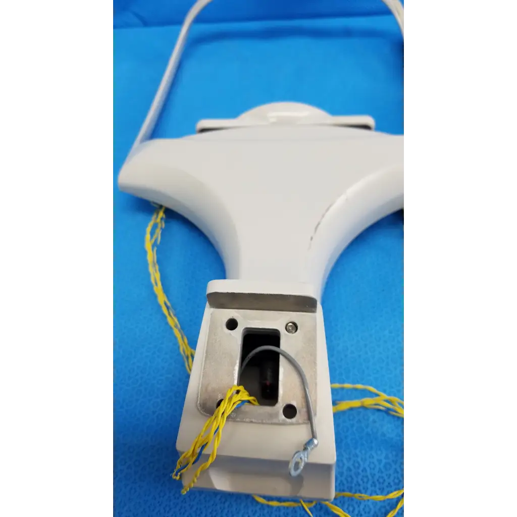 White plastic boat tiller handle with metal base and yellow wiring for trc-nw6s chinrest forehead rest assembly