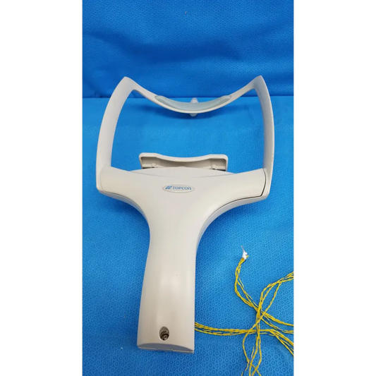 White plastic chinrest forehead rest assembly frame with curved arm and handle for topcon trc-nw6s retinal camera