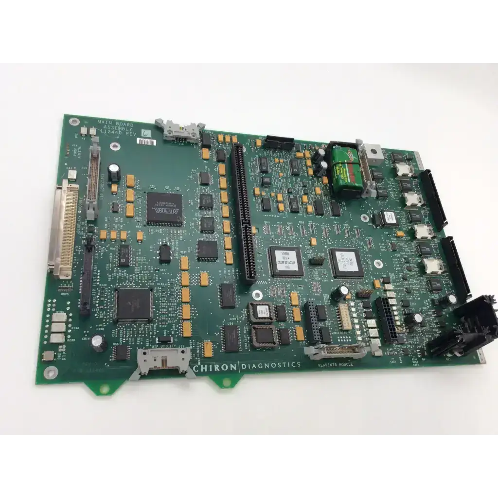 Green chiron diagnostics rev g fab 112440 and rev d module 112441 circuit board with black and gold components
