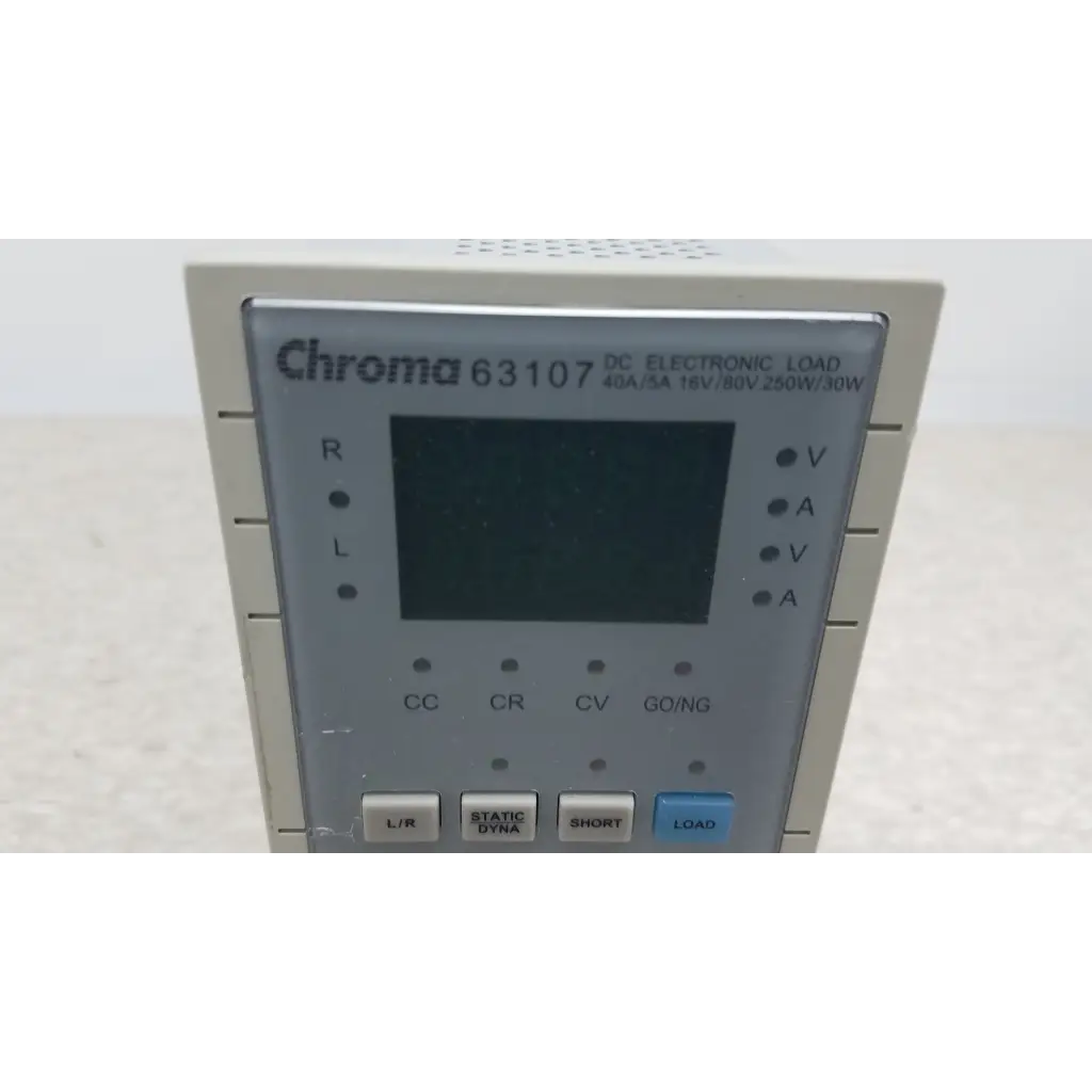 Chroma 63107 gray electronic load module with digital display and labeled control buttons for dc testing