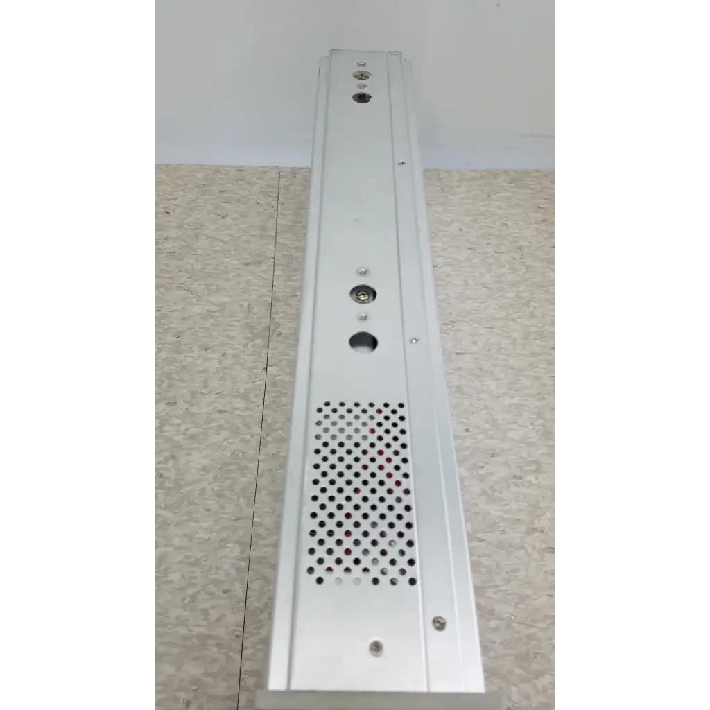 Silver metallic rectangular chroma 63107 dc electronic load module with perforated grille and mounting holes