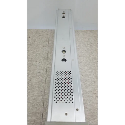 Silver metallic rectangular chroma 63107 dc electronic load module with perforated grille and mounting holes