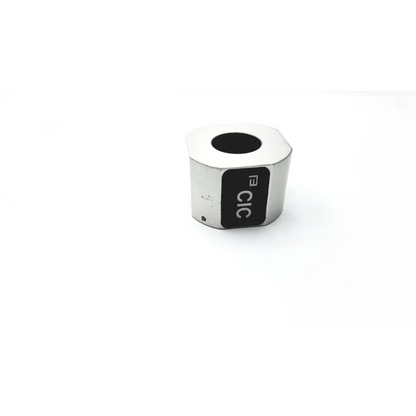 Silver metallic cylindrical cic adapter with black label and white cic e text for electronic connectivity
