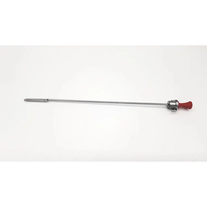 Silver surgical retractor with red ergonomic handle and metallic clamp in circon acmi g117 cysto sheath obturator design