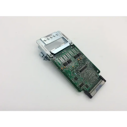 Green circuit board with silver metal bracket and black connector of cisco 73-8970-05 a1 4-port wan interface card