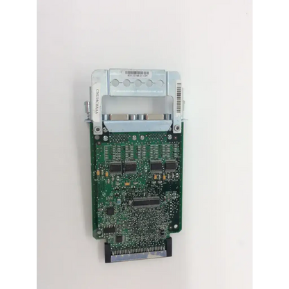 Green circuit board wan interface card with silver components and white housing featuring labels and barcodes