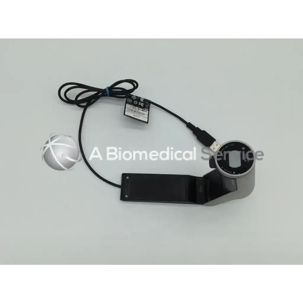 Black and silver handheld cisco tandberg ttc8-03 precision hd f1.7 50 degree view camera with usb cable and base plate