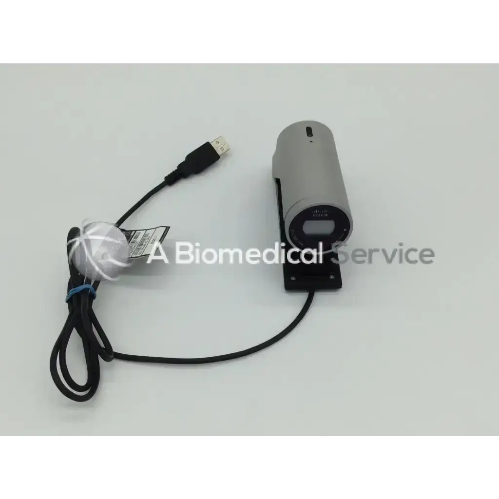 Gray cylindrical cisco/tandberg ttc8-03 degree view camera with black mounting bracket and usb cable attached
