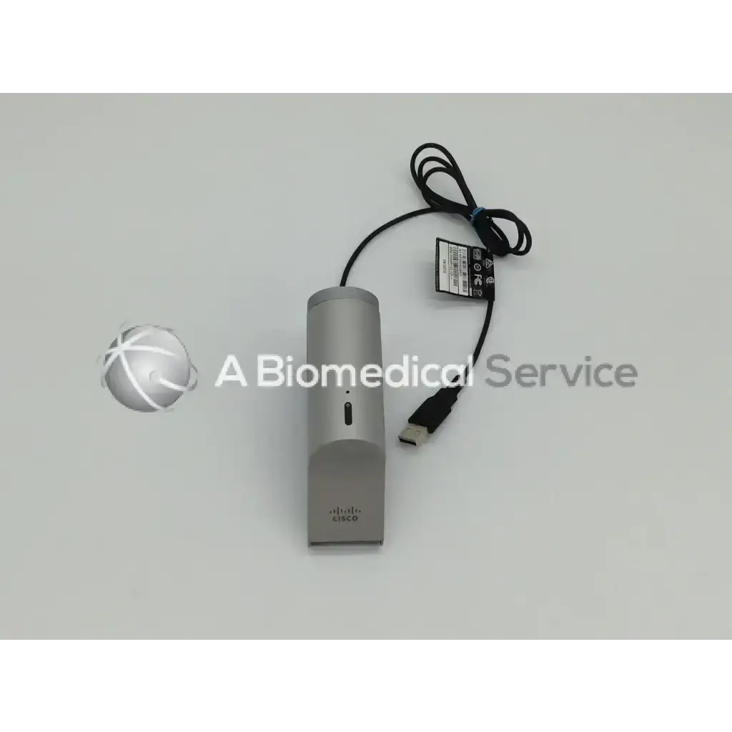 Silver cisco usb degree view camera with sleek cylindrical design and black charging cable for precision hd use