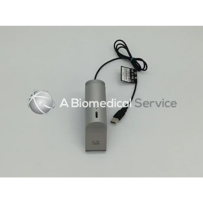 Silver cisco usb degree view camera with sleek cylindrical design and black charging cable for precision hd use