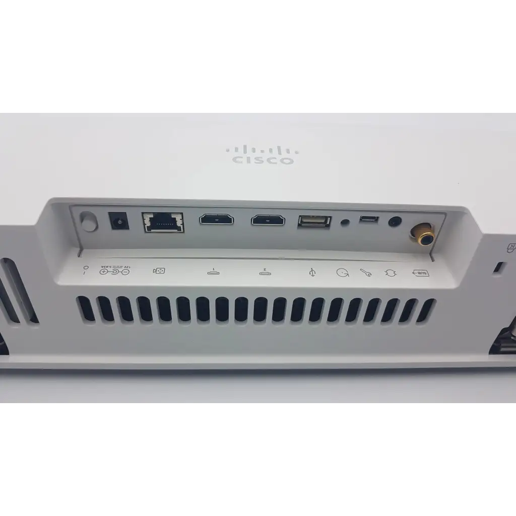 White cisco webex quad camera ttc8-10 back side showing multiple ethernet, hdmi, usb, and audio ports