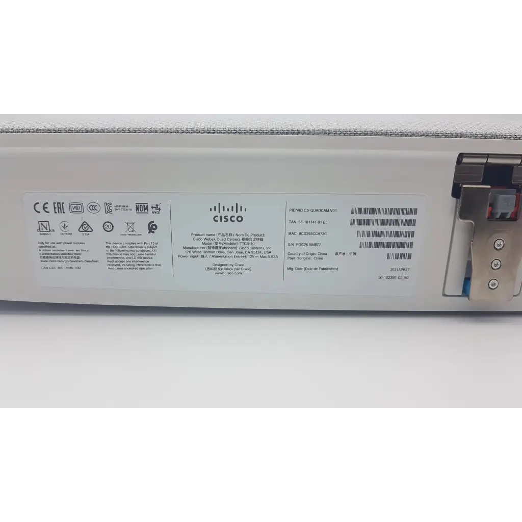 White cisco webex quad camera t1g-70 network camera with metallic hinge and silver screws for video conferencing