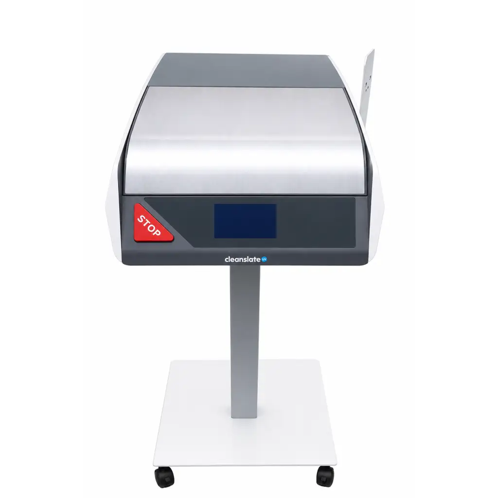 Silver and white mobile device sanitizer with digital display red stop button and cleanslate logo biomed certified