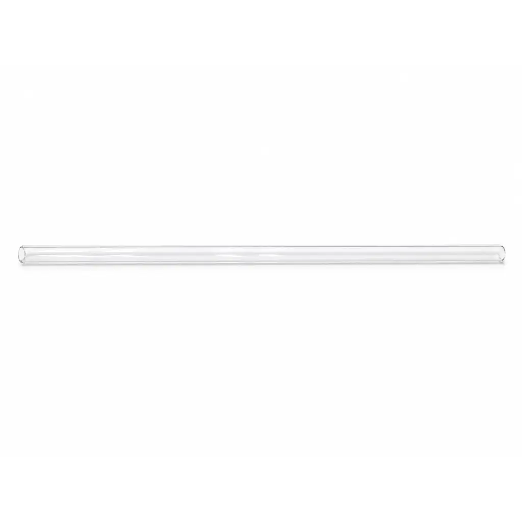 Clear rigid biomed certified tube component made of smooth clear glass with cylindrical shape and rounded ends