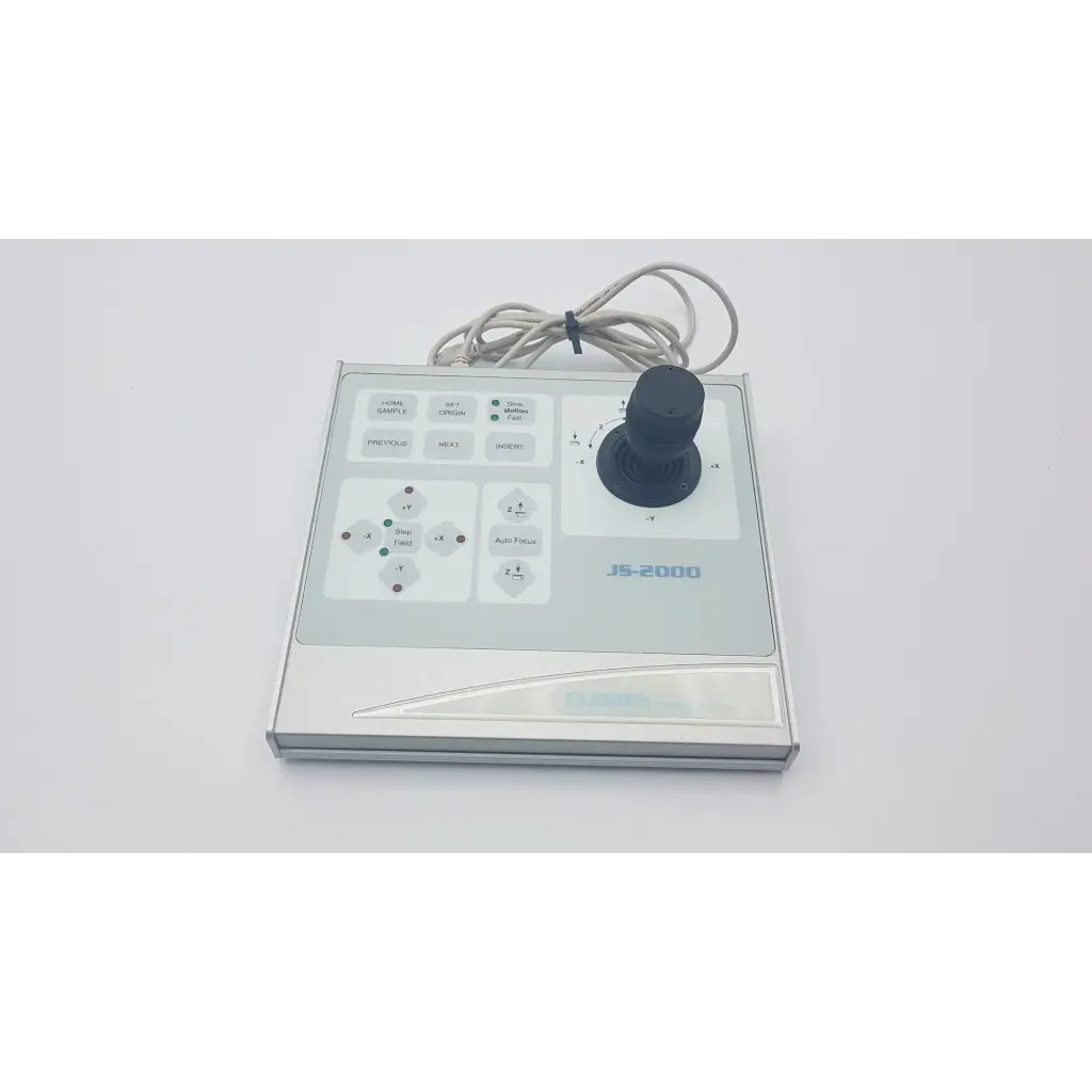 Silver clemex js-2000 microscope joystick controller with black central joystick and multiple labeled buttons