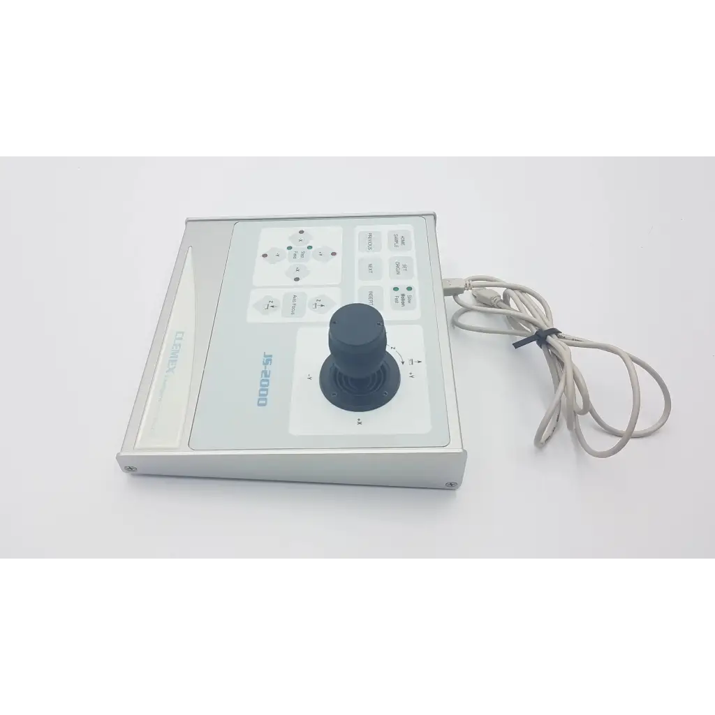 Silver clemex js-2000 microscope joystick controller with black joystick, labeled buttons, and attached coiled cable