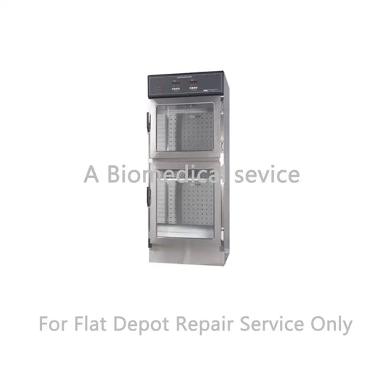 Stainless steel two-door medical sterilizer with glass panels and perforated shelves for medical equipment repair service flat-rate repair