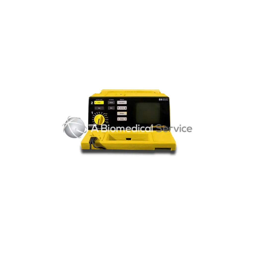 Yellow defibrillator machine with black control panel and screen of codemaster xl codemaster model m1722a