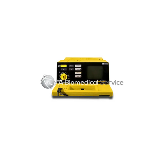 Yellow defibrillator machine with black control panel and screen of codemaster xl codemaster model m1722a