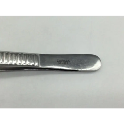 Silver-toned codman 30-4221 russian tissue forceps with textured grip and engraved branding for precise tissue handling