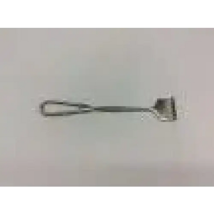 Silver metal potato masher with looped handle and flat textured head shown alongside volkman retractor 6 prong sharp
