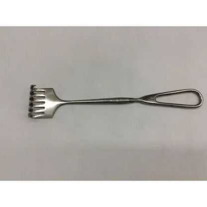 Silver metal volkman retractor with 6 sharp prongs and handle for surgical use 8-3/4 inches long
