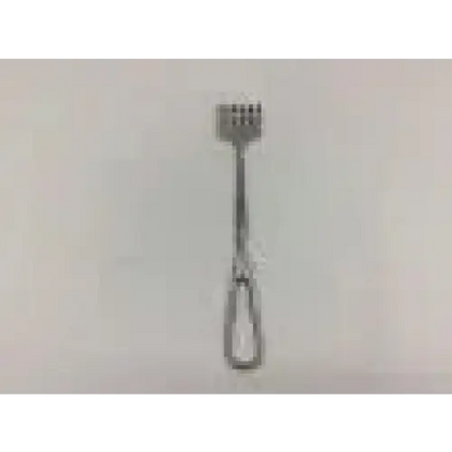 Silver-colored metal volkman retractor with six prong sharp tines and a long handle 8-3/4 inches long
