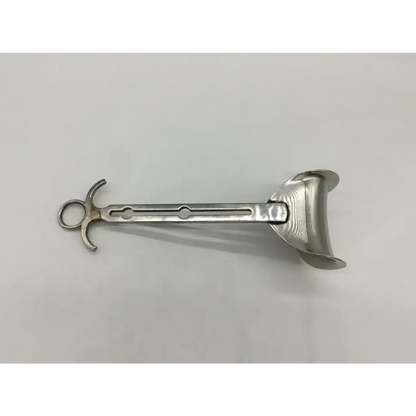 Silver stainless steel balfour retractor center blade with curved open-ended handle and wide u-shaped blade codman 50-4500