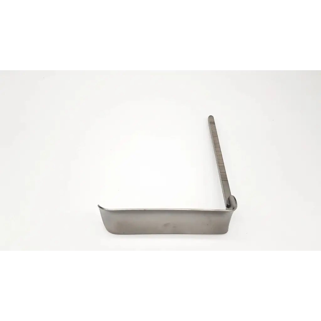 Stainless steel kelly retractor with textured ridged handle and flat rectangular blade codman 50-4569 model
