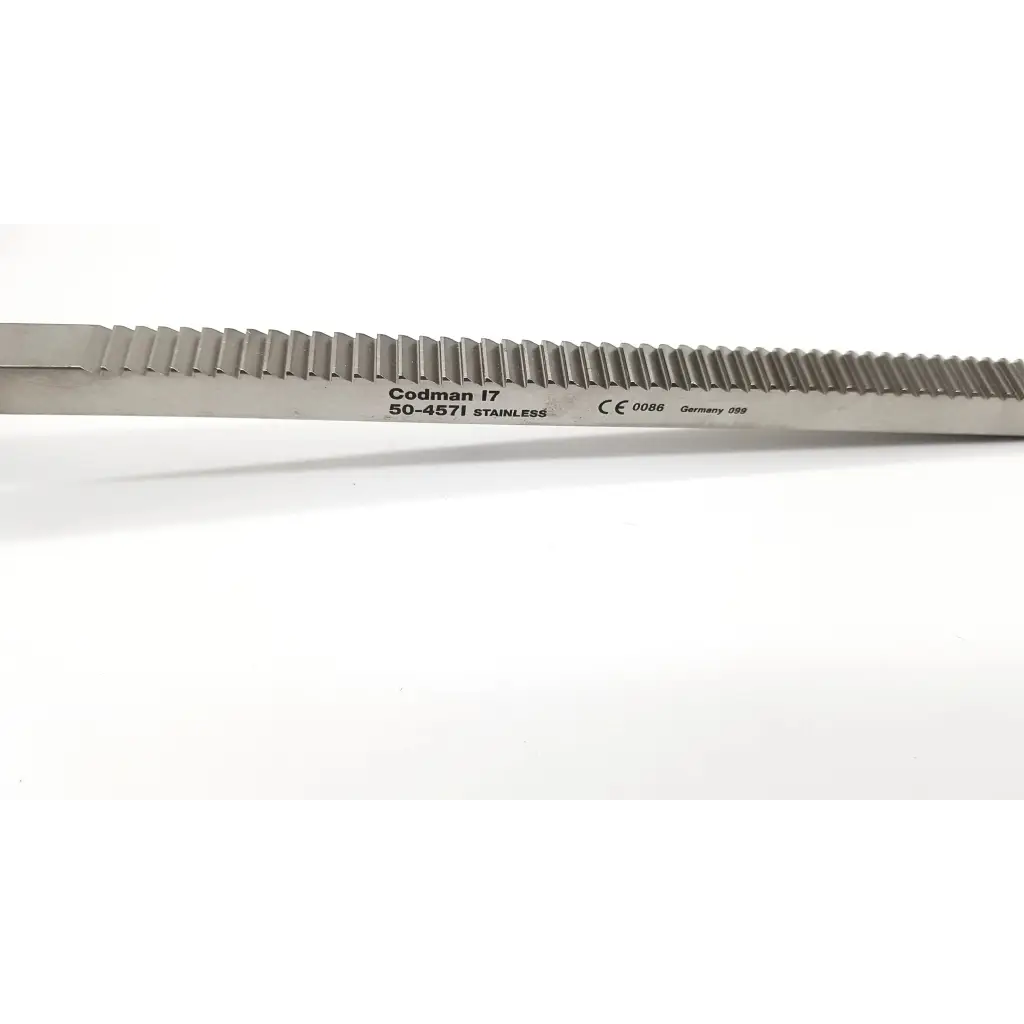 Silver stainless steel kelly retractor codman 50-4569 with serrated edge and engraved model number