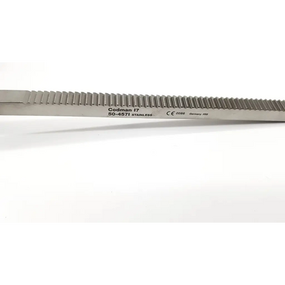 Silver stainless steel kelly retractor codman 50-4569 with serrated edge and engraved model number