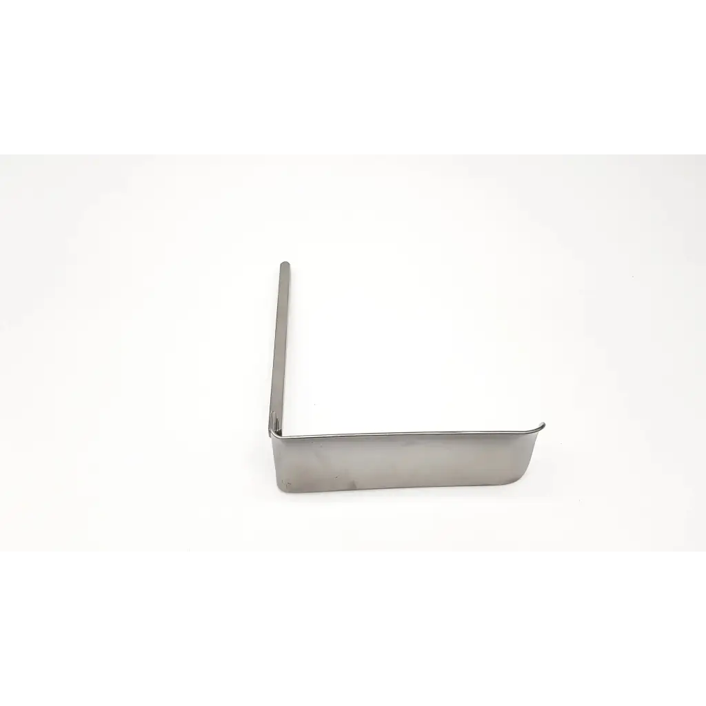 Silver metallic l-shaped codman 50-4569 kelly retractor bracket with smooth reflective surface and curved edges