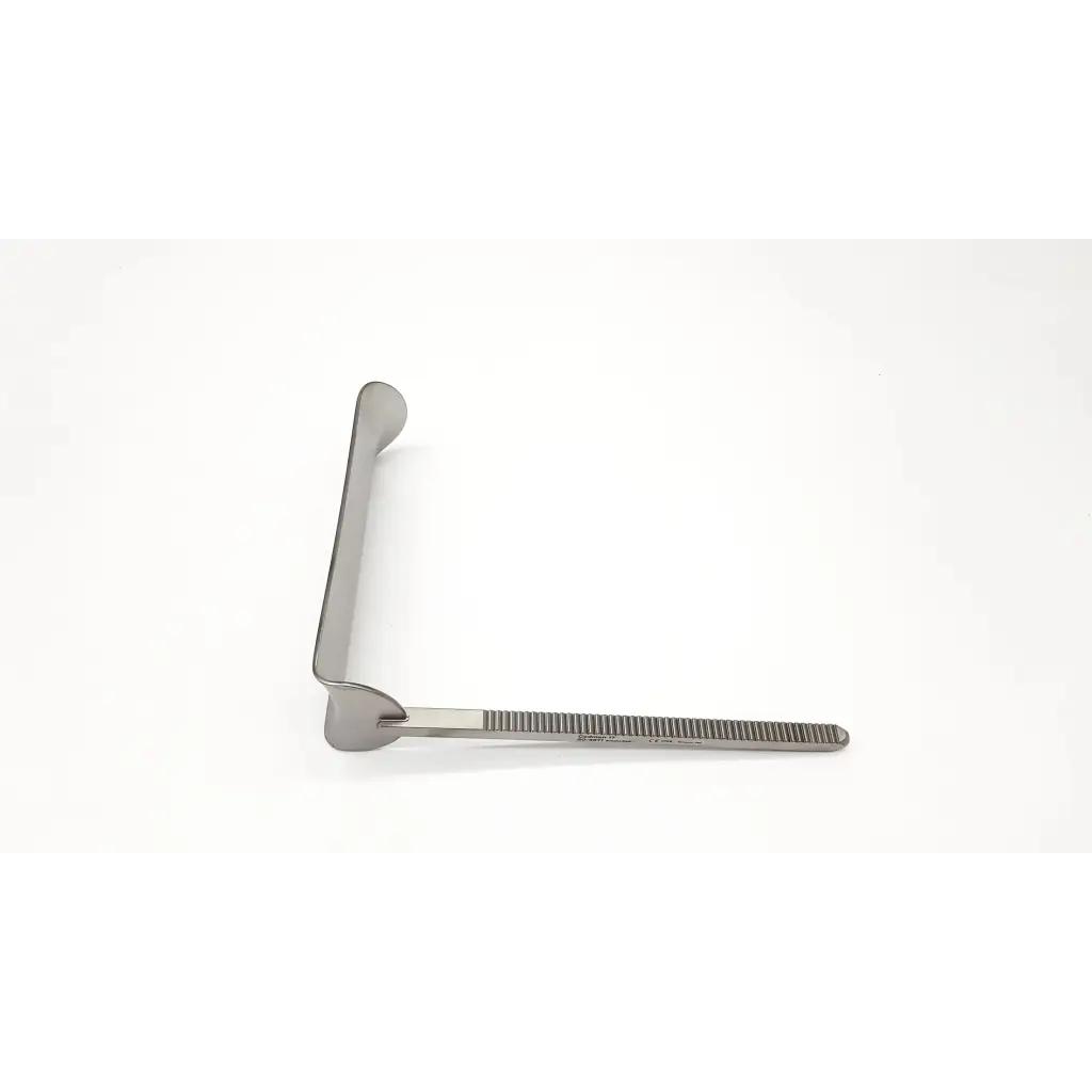 Silver codman 50-4569 kelly retractor with curved handle and serrated edge for surgical use