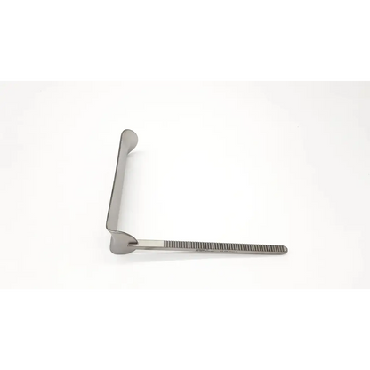 Silver codman 50-4569 kelly retractor with curved handle and serrated edge for surgical use