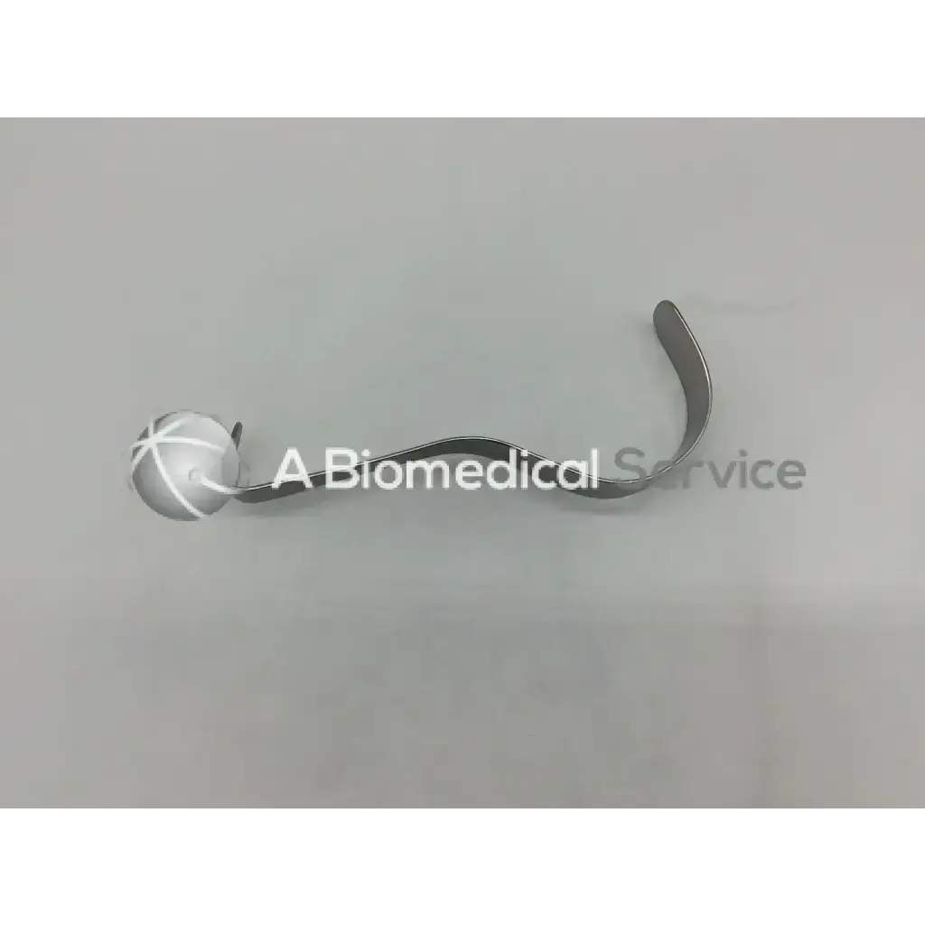 Silver metallic codman 50-5631 deaver retractor with curved handle and spherical head featuring white crosshatch markings