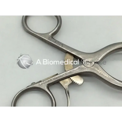 Stainless steel cardiovascular garett peripheral vascular retractor with serrated jaws and engraved model number 50-8015