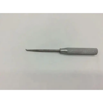 Silver-toned metal codman 65-1064 osteophyte periosteal elevator with textured grip and curved pointed tip