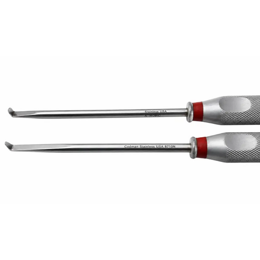 Two stainless surgical crochet hooks with textured silver handles and red accents codman 8710n stainless medical equipment